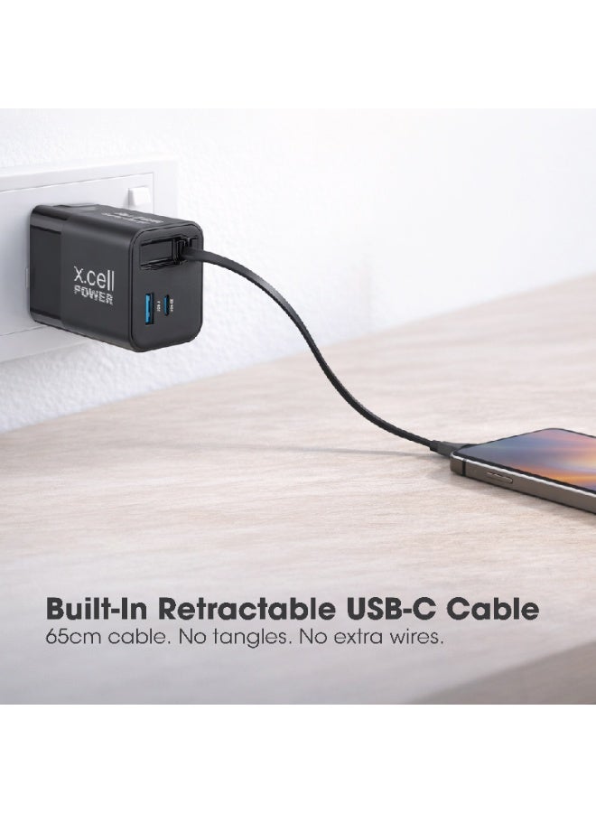 Xcell 65W GaN II USB-C Fast Charger with 65cm Retractable Cable, 3-Port Fast Charging (2 USB-C PD + USB-A QC 3.0), PPS Support, Compact Wall Charger for iPhone 16/17, Samsung & USB-C Devices, Black - Image 4